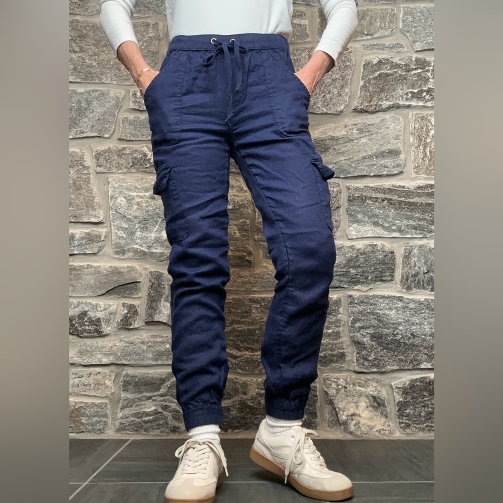 100% Linen Navy Blue Cargo Jogger Pants by Nicole Miller size XS